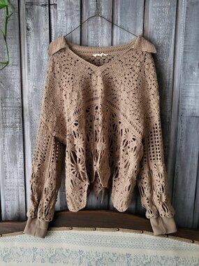 Solitaire Brown Crochet Knit Long Sleeve V-Neck Collared Sweater Size XL